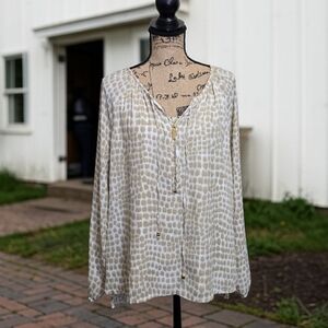 Michael Kors Cream and Beige Printed V-Neck Blouse with Tie